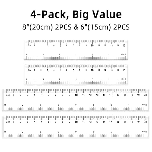 4 Pack Plastic Measuring Tool - 8 inch & 6 inch Straight Ruler with Inches and Metric for School, Office, Construction (Clear, 20cmx2, 15cmx2)
