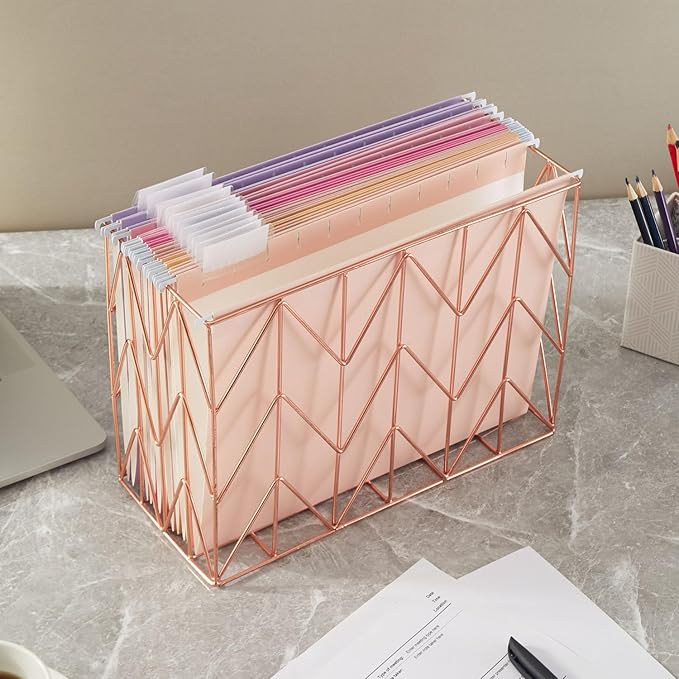 1 Pack Rose Gold Hanging Folder Desk Organizer Decorative Organizer Metal Wire Baskets Suitable for Hanging file folder Design for Home Offices Supplies, 9.4 X 11.8 Inch
