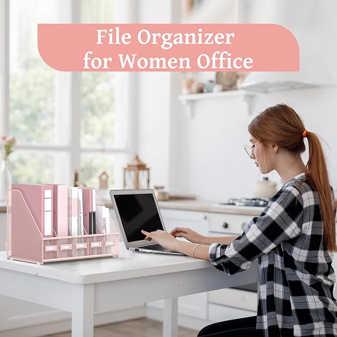 SUPEASY Desk Organizers Metal Desk Magazine File Holder with 5 Vertical Compartments Rack File Organizer for Office Desktop, Home Workspace, Pink Plus