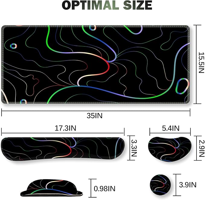 ARTSO Gaming Mouse Pad Wrist Support Set, XXL Large Desk Mat Mousepad + Keyboard Wrist Support+ Mouse Wrist Rest+Coaster 4in1 Ergonomic, Memory Foam, Stitched Edge for Home Office -Colorful Lines