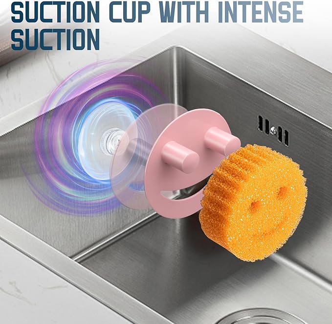 Yoshiky Stainless Steel Smiley Face Sponge Holder, Silver Sink Caddy Organizer Storage with Suction Cup for Kitchen, Kitchen Accessories Decor Scrubber-Pink
