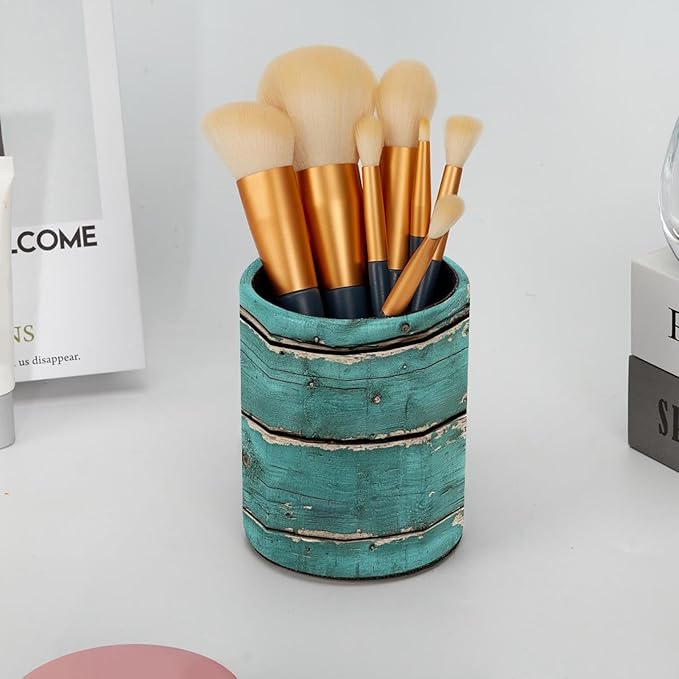 Round Creative Pen Holder |Rustic Distressed Teal Green Barn Wood P (1) Desktop Storage Organizer|Gadget Stationery Storage Box|Office Leather Organizer