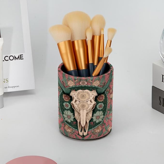 Vintage Western Skull Floral Flower Bones PVC Leather Circular Pencil Holder for Desk Organizer Stationery Holder for Office, School(3.9 x 3.1 Inches)