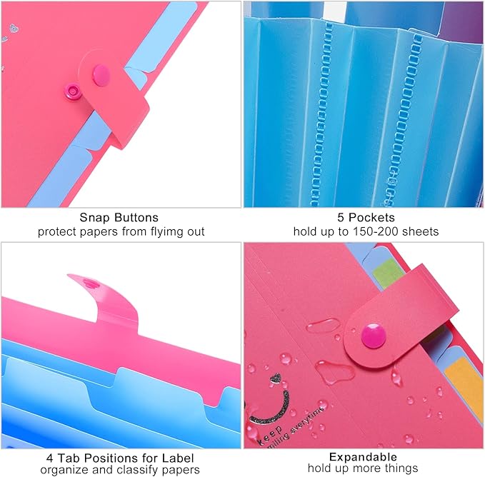 Forvencer Accordion File Organizer, Letter Size, 5 Pocket Expanding File Folder, Cute File Folder with Labels, Portable File Organizer for School Office Supplies, Folders for Documents, Fuchsia
