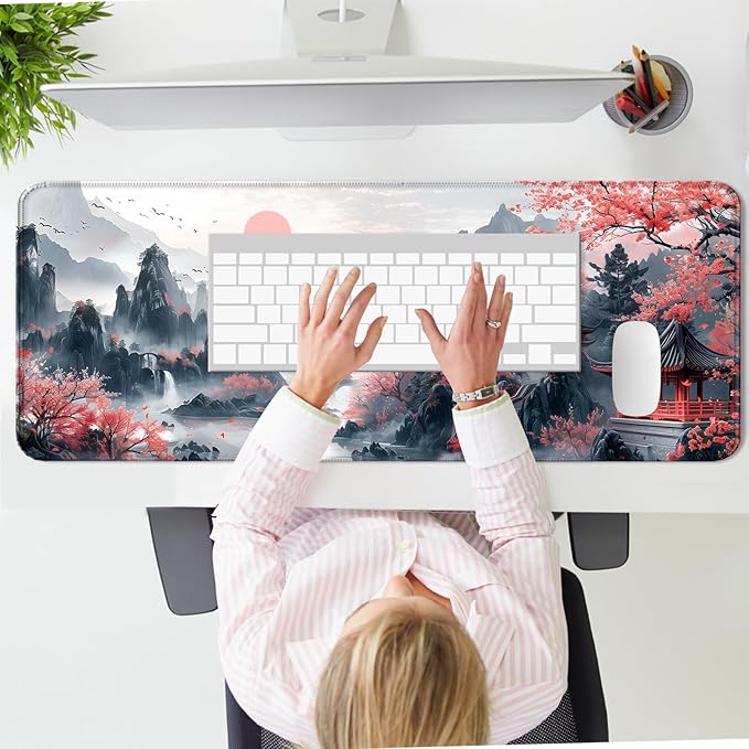 Japanese Cherry Blossom Desk Mat, Watercolor White and Pink Sakura Extended Large Gaming Mouse Pad, Computer Keyboard Laptop Mousepad for Work, Game, Office and Home, XL