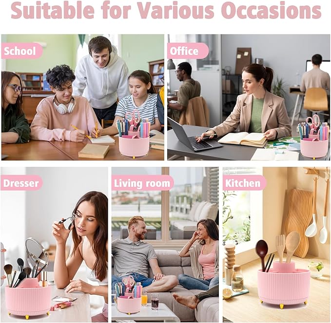 Pink Desk Accessories, Rotating Pen Holder Set,Pink Office Supplies with Stapler and Tape Dispenser Set, Gifts for Office Clerks,Student