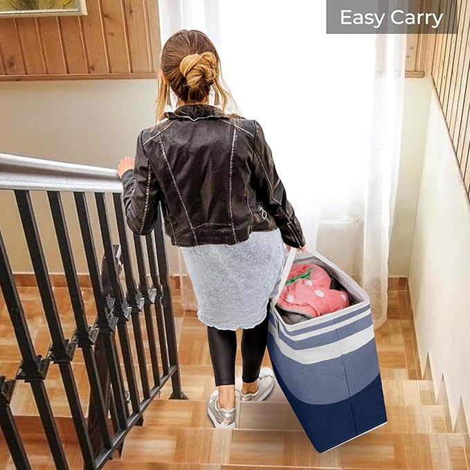 HomeHacks 2 Pack Large Laundry Baskets, Waterproof, Freestanding Laundry Hampers, Collapsible Clothes Hamper with Reinforced Handles in Laundry, College Dorm, Bathroom, Bedroom (Grey+Blue, 75Lx2)