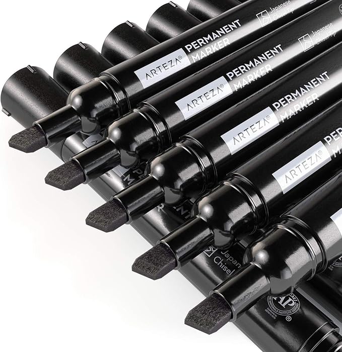 ARTEZA Permanent Markers, Set of 36, Black, Chisel Tip, Waterproof
