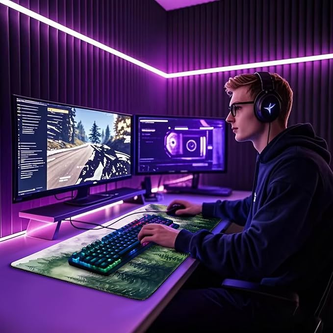 Misty Forest Mountain Large Gaming Mouse Pad 31.5"x15.7"|XXL Desk Mat, Non-Slip Rubber Base & Stitched Edges - Extended Waterproof Mousepad for PC/Laptop/Office/Home Decor