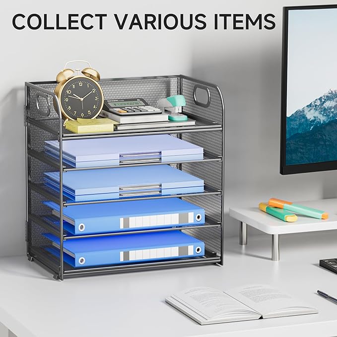 5 Tier Paper Organizer for Desk File Organizer with Handle Mesh Letter Tray Paper Sorter Desk Organizer for Office Home Supplies-Grey
