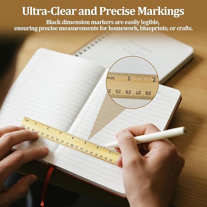 Wooden Ruler 12 Inch Bulk Dual-Sided Inches & Metric Measuring Stick for Classroom, Office, School for Teachers, Students, Artists (12 Pack)