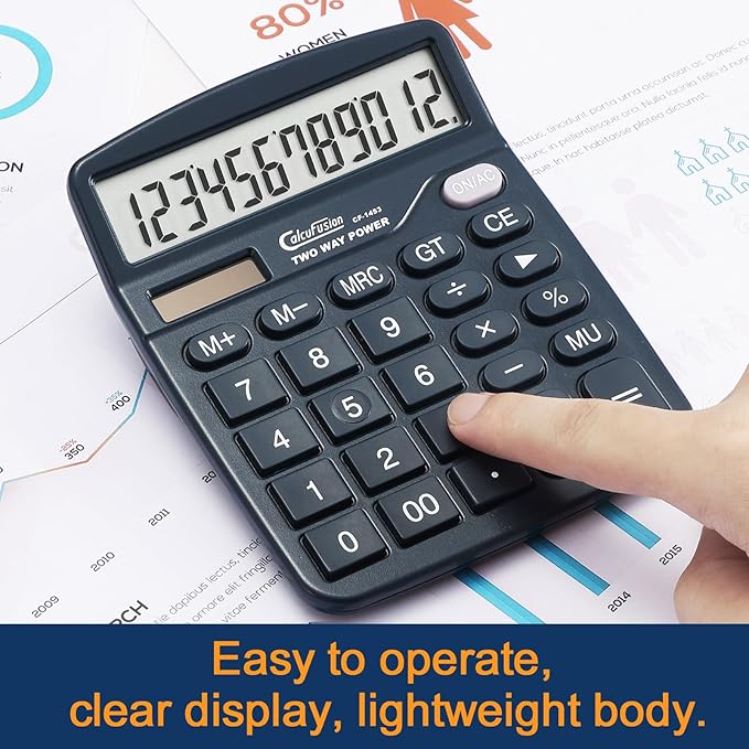 Calculator, 12 Digits Desk Calculators with Large Display LCD & Sensitive Big Buttons Dual Power Solar with Battery Standard Functions Basic Calculators for Offices Home Schools CF-1453