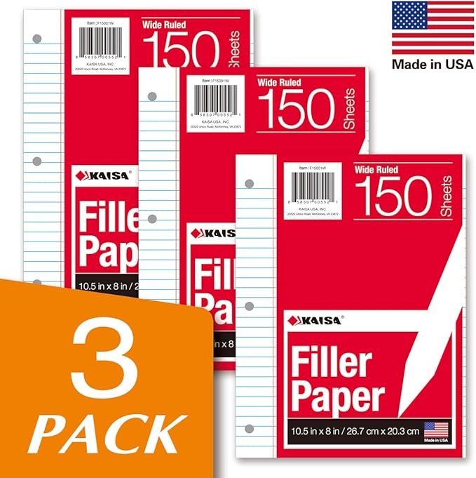 KAISA Filler Paper Loose Leaf Paper, Wide Ruled Paper, 8"x10-1/2", 3-Hole Punched Binder Paper For 3-Ring Binders,150 Sheets/pack 3Pack, F15001W