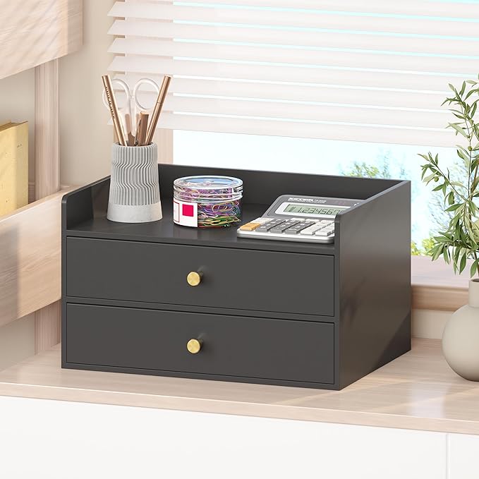 Bamboo Desk Organizer with Drawers Wooden Desktop Storage Drawers for Bills Office Supplies Kitchen Utensils Organizing Tool for Home Classroom Organization No Assembly (2 Drawers, Black)