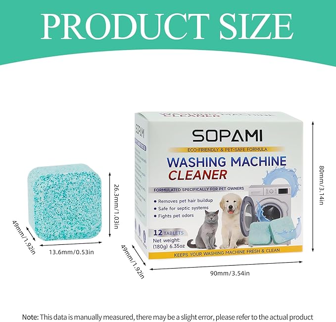 SOPAMI Washing Machine Cleaner Tablets 12 Pack, Deep Clean HE Front Load Top Load Washer, Remove Stubborn Pet Hair Odors, Septic Safe Pet Owner Solution