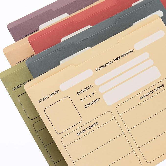 Y YOMA 6 Pack File Folder Jackets Letter Size Paper Pocket File Folder with Reinforced Straight-Cut Tab Pre-Printed Job Folders No Expansion Organizer for Office, Assorted Colors, Project Design