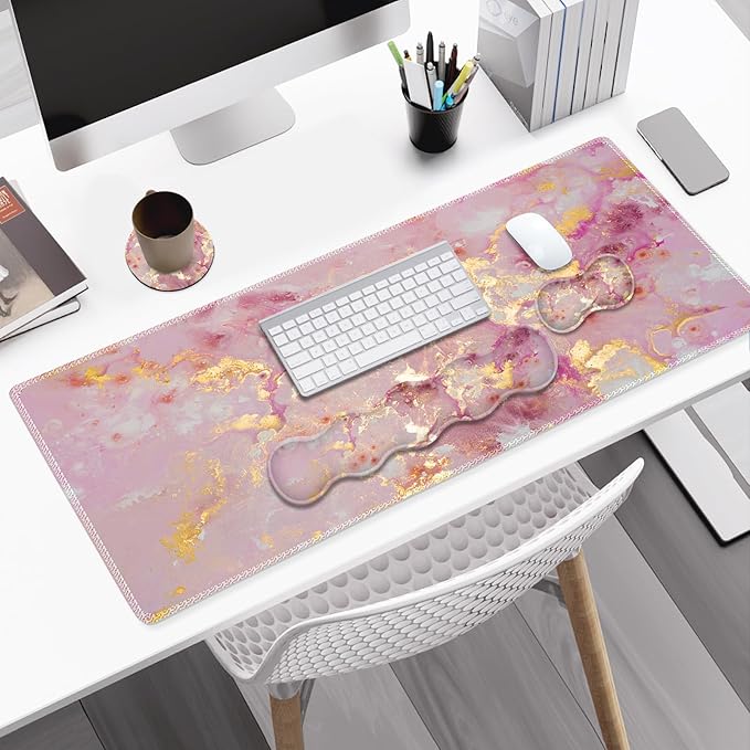 Gaming Mouse Pad Keyboard Wrist Support, 4 in1 Mousepad Set with Wrist Keyboard Rest, Computer Desk Mat, Non-Slip Desk Pad Protector with Memory Foam Easy Typing Pain Relief I Nice Pink Marble