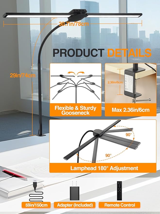 Desk Light with 5 Color+9 Brightness,Desk Lamps for Home Office, 1200 Lumen & 108 LED Desk Lamp, Remote Control+Timer Monitor Light, Clamp Lamp for Desk, Computer, Reading, Study, Workbench