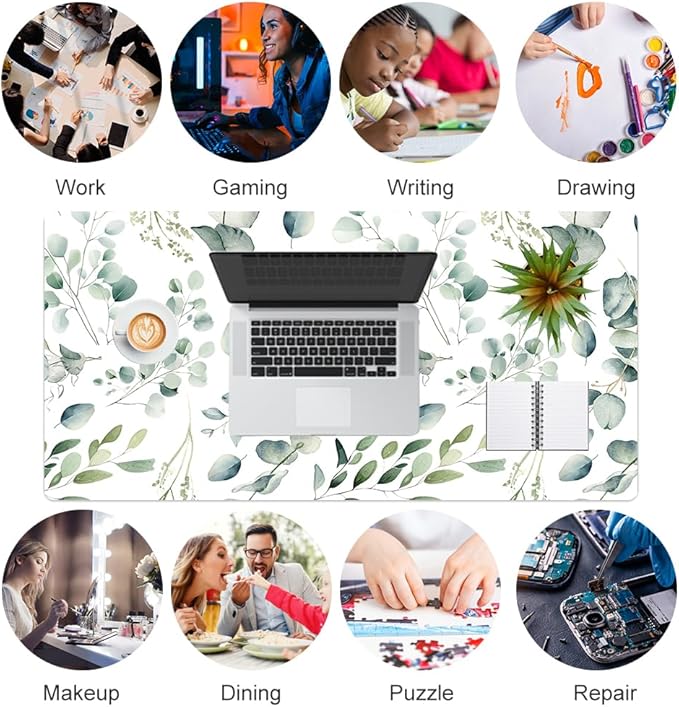 Colorful Star Large Mouse Pad, PU Leather Waterproof Desk Mat, Computer Gaming Mouse Pad, XXL Full Table Mousepad Non Slip Desk Pad for School Office Home 31.5" x 15.7" - Fresh Eucalyptus Leaves