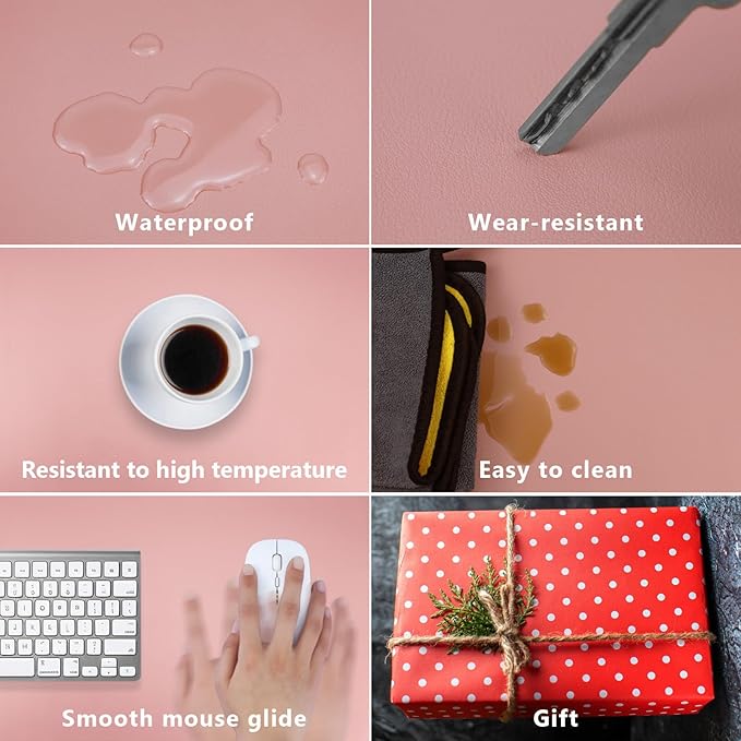 Cute Desk Mat & Cover (31.5" x 15.7") Laptop Mat - Non-Slip PU Leather - Office Accessories in Pink