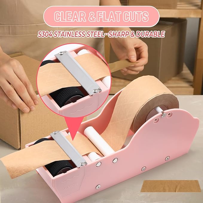 Water-Activated Tape Dispenser, Manual Kraft Gum Tape Dispenser, Width Adjustable 1.18-3.15", Light Weight & Portable Packing Tape Dispenser Set, Light Pink