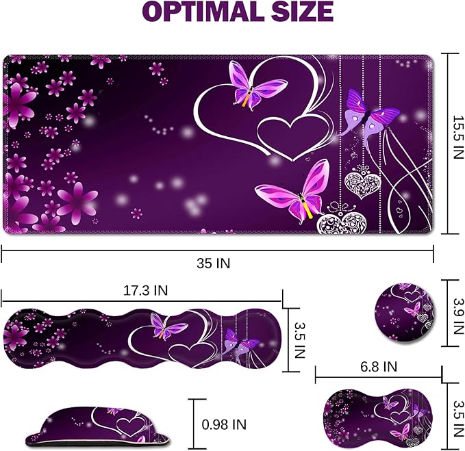 Upgraded Extended Gaming Mouse Pad, Keyboard Wrist Rest Pad, Wrist Support Mousepad Set, Artso Large Rubber Base Stitched Edges, Multifunctional Desk Pad (35 x15.5 in), Purple Heart Butterfly