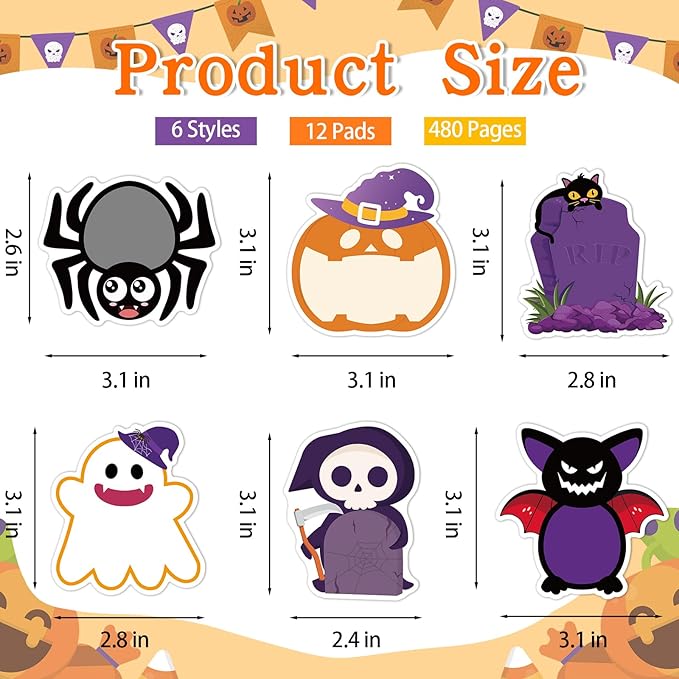 600Pcs Halloween Sticky Notes, Self-Adhesive Halloween Note Pads Spider Pumpkin Ghost Memo Pads Removable Halloween Memo Notes for Halloween School Office Home Students Teachers Favors