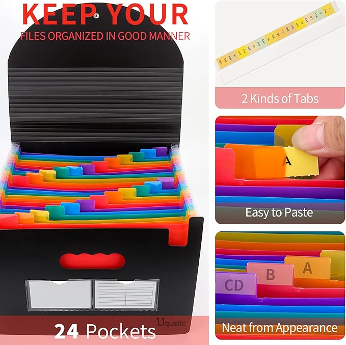Uquelic Large Accordion File Organizer, Legal Size File Folder with 24 Pockets, Plastic Expanding File Organizer, Color Index& Elastic Strap for Legal/Letter/A4 Size Papers(Black)