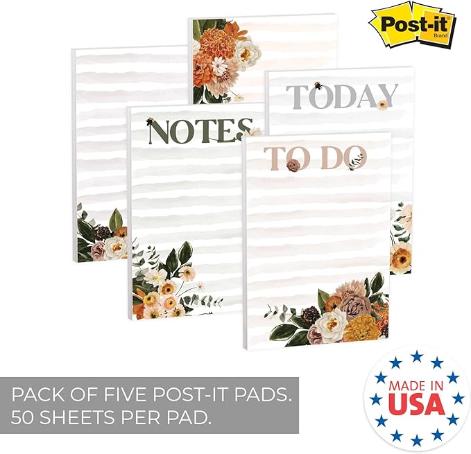 Floral Sticky Note Pads / 4" x 6" Repositionable Indie Boho to Do Sticky Notes / 5 Moody Striped Designs / 50 Sheets Per Pad Set of 5 / Made in USA