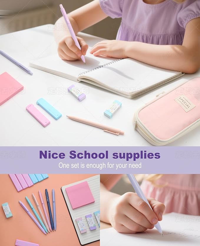 Mechanical Pencil Set with Cute Pencil Case, 12x Pastel Mechanical Pencils 0.5 & 0.7mm with 720x HB Leads, 4x Erasers and 1x Sticky Note, Suitable for Writing, Drafting Drawing Sketching(purple)