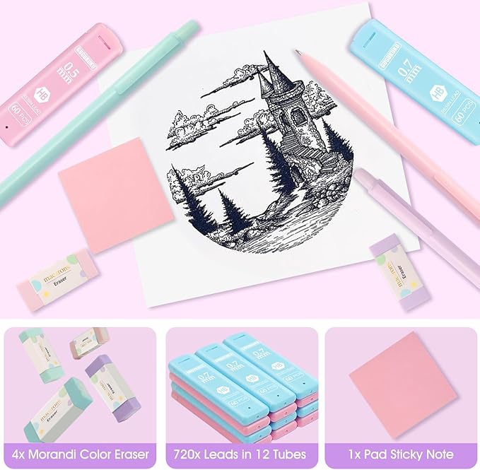 Mechanical Pencil Set with Cute Pencil Case, 12x Pastel Mechanical Pencils 0.5 & 0.7mm with 720x HB Leads, 4x Erasers and 1x Sticky Note, Suitable for Writing, Drafting Drawing Sketching(pink)