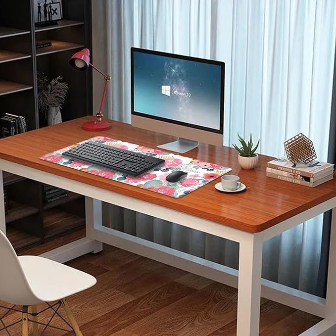 Watercolor Flowers Desk Pad Mouse Pad,Large Floral Mouse Mat with Stitched Edges,Non-Slip Rubber Base Mousepad for Office PC Keyboard Laptop and Home Work Desk Mat(27.5X11.8 in)