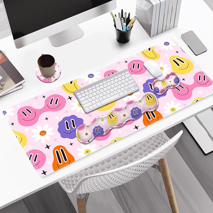 Gaming Mouse Pad Keyboard Wrist Support, 4 in1 Mousepad with Wrist Keyboard Rest, Computer Desk Mat, Non-Slip Desk Pad Protector with Memory Foam Easy Typing Pain Relief I Cute Hippie Smiley