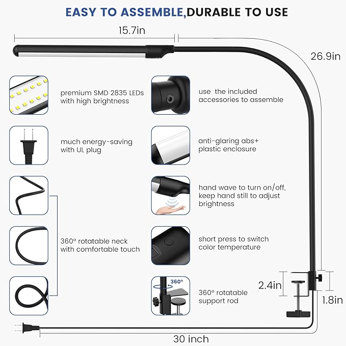 MYPLUS LED Desk Lamp with Hand Wave Sensor, 5 Color Temperatures 2700K-6500K, Touchless Dimming, 360° Adjustable Gooseneck, Clamp Table Lamp, 110V