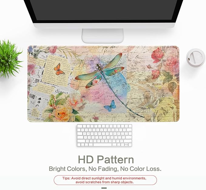 Vimorco Gaming Mouse Pad 31.5x15.7 Inch Large Desk Mat, Non-Slip Rubber Base & Smooth Precision Surface, Waterproof Extended Mouse Pad for PC, Laptop, Office and Table, Vintage Dragonfly