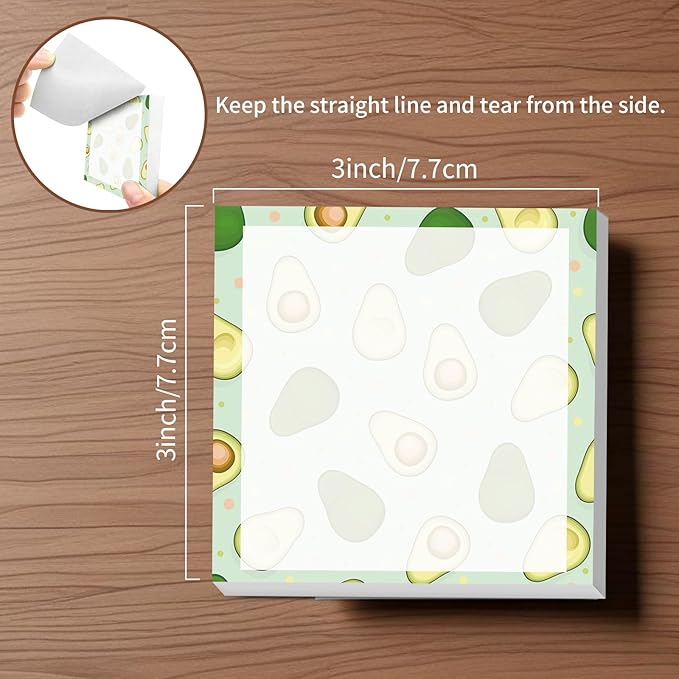 Sticky Notes, 2 Pads, 3x3 inches, Cute Colorful Fun Self-Stick Note Pads, Easy Post, Strong Adhesive Notepad Avocado Pattern Cute