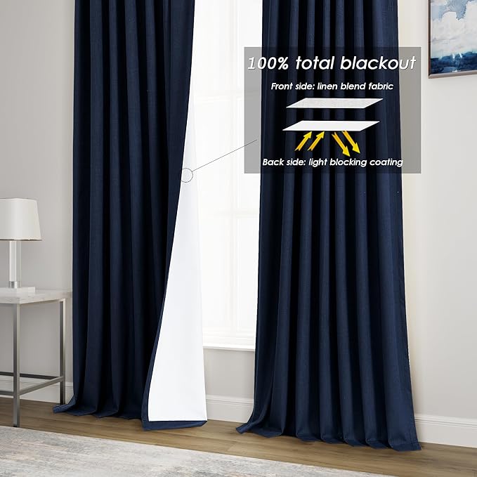 100% Blackout Linen Curtains 95 Inch Length 2 Panels for Living Room Loop Pocket Pinch Pleated Black Out Drapes Navy Blue Heat Reducing Window Curtain for Boy Man Bedroom 90 Inches Long