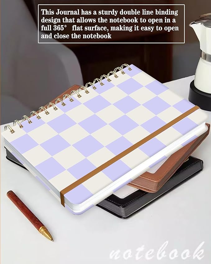 Spiral Journal Notebook for Women, Hardcover A5 College Ruled Notebook, 60 Sheet, Thick Paper, Cute Lined Journal for School, Office & Work, 6 x 8.4 in(Pastel Purple Checkered)