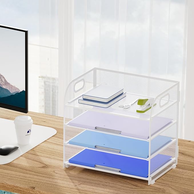 Marbrasse 4 Tier Paper Organizer Letter Tray, Mesh Desk File Organizer with Handle, Paper Sorter Organizer for Letter /A4 Office File Folder Holder(White, 12.6" x 9.1" x 10.7")