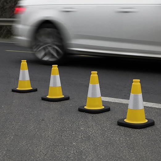 Fluorescent Orange/Green PVC Traffic Cones, Heavy Black Base Parking Lot Cone Structurally Stable Weatherproof Road Construction Safety Cones (4, Yellow, 12" Small)