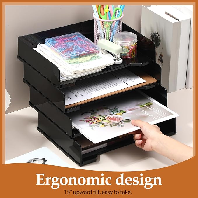 8 Pcs Stackable Letter Tray Rectangular Plastic Desk Organizer 13 x 9.5 x 2.6 in Paper Holder File Tray Accessories Rack for Desktop Office Desk Drawers (Black)