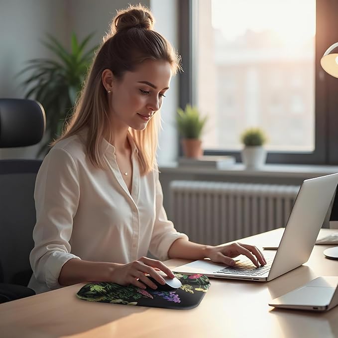 Ergonomic Mouse Pad with Gel Wrist Rest (1"& 1.2" Dual Height) - Mouse Pads Compact Mousepad Desk Mat Office, Gaming & Carpal Tunnel Relief | Non-Slip Rubber Base | Wildflower Black