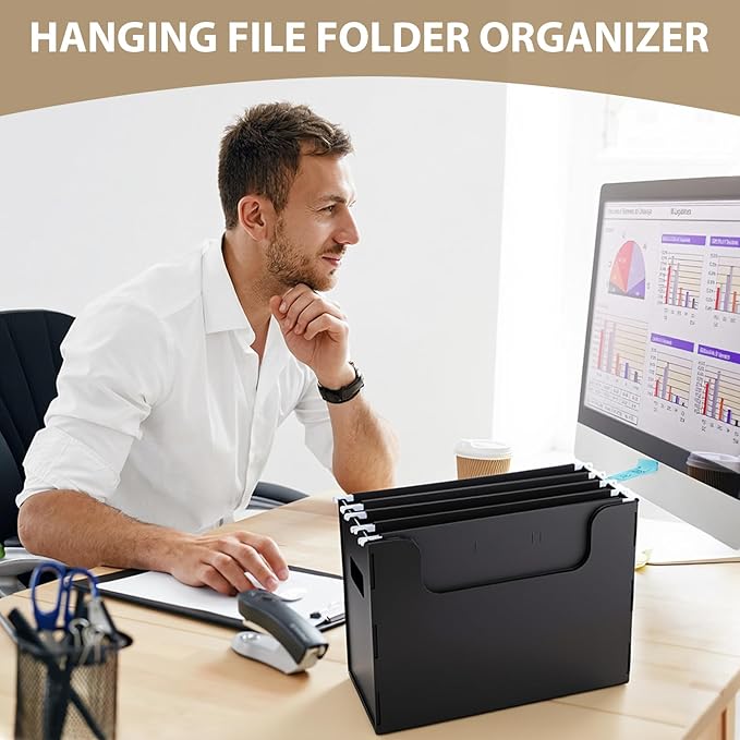 Portable Desktop File, Side Handles, Filing Organizer, Hanging File Folders, Letter Size for Schools Office Home(Black,2 Pcs)