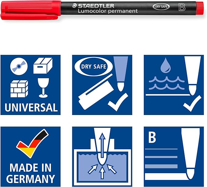 STAEDTLER Lumocolor Universal Pen, Broad Chisel, Felt Tip, Permanent Marker, Box of 6 Assorted Color Pens, 2.5mm 314 WP6, Assorted Colours, pkg of 6 (314 WP6 ST)