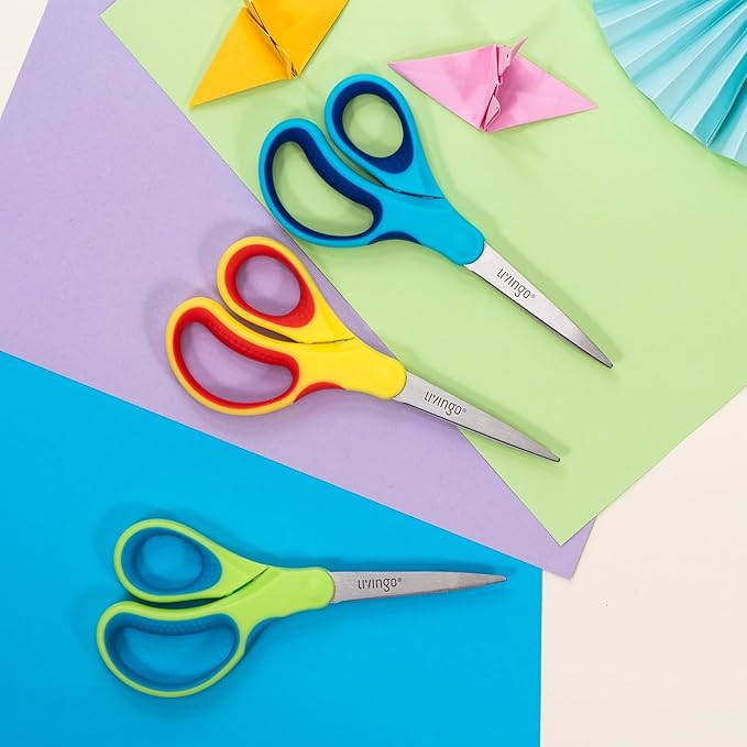 LIVINGO Student Scissors for School: 7 Inch 3 Pack Sharp Pointed Tip Teacher Scissors for Kids Middle High School College Classroom Craft, Comfortable Grip, Right Left Handed, Blue, Green, Yellow