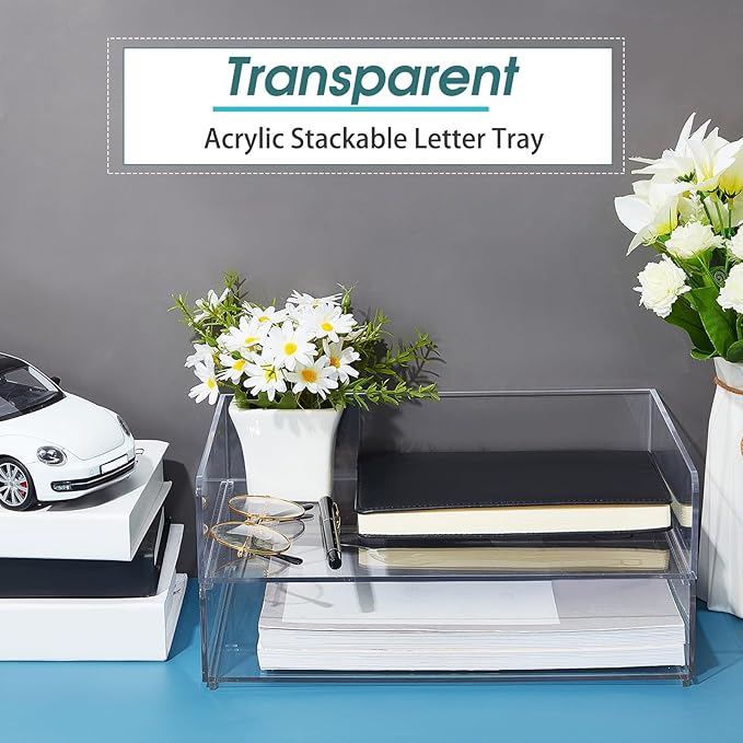 Yulejo 2 Pcs 12.4 x 8.74 x 2.68" Acrylic Desk Organizers Accessories Paper Storage Tier File Office Organizer Tray Stackable Document Clear Desk Accessories for Office Workspace Organization