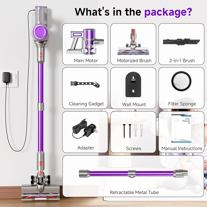 Vaconly Cordless Vacuum Cleaner, 8 in 1 40Kpa 55Mins,Lightweight Vacuum Cleaners for Home, Stick Vacuum with Anti-Tangle Brush,Wall Mount, Rechargeable Cordless Vacuum for Floor/Sofa/Pet Hair,Purple