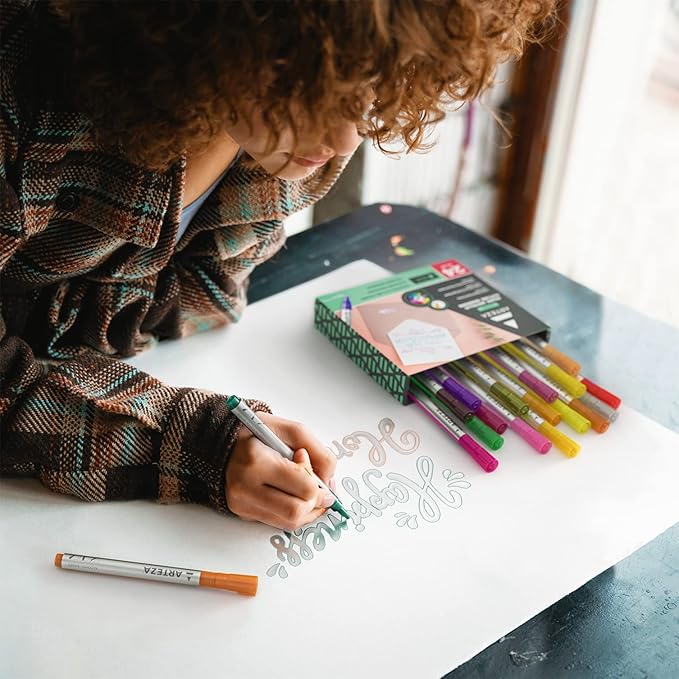Arteza Double Outline Markers, 24 Colors, Silver Alcohol Markers, Create Metallic Lines with Vivid Color Outlines, Work on Cards, Paper, and Canvas