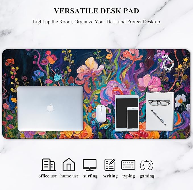 Auhoahsil Desk Mat, Ultra Large Mouse Pad, XXL Gaming Mousepad, Pretty Desk Pad, Big Extended Full Size Desktop Desk Matt for Keyboard, Laptop & Computer, 35.5 x 15.7 in, Colorful Flowers