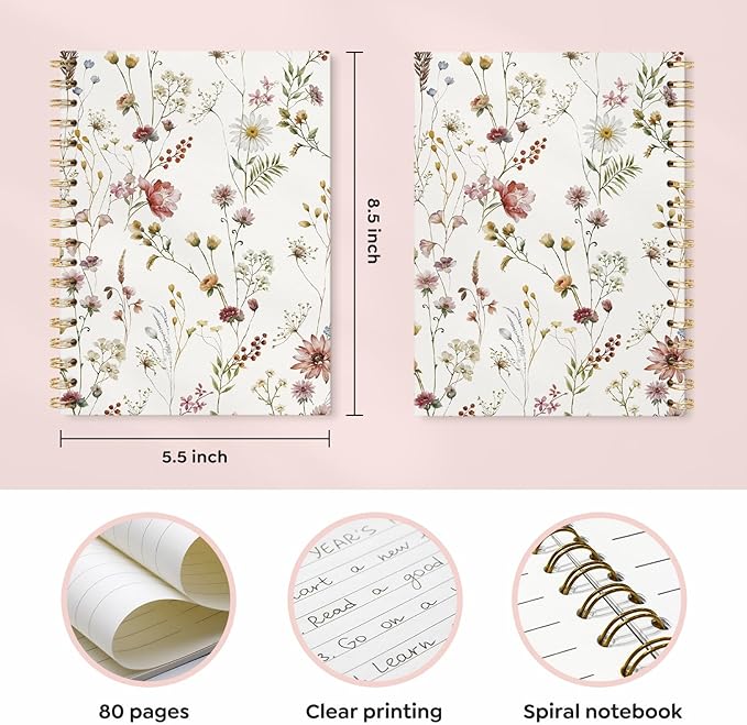 Floral Journal Notebooks, Wildflower Pretty College Ruled Notebooks for Note Taking, Botanical Wildflower Floral Journal Journaling, Spiral Notebook 5.5x8.3